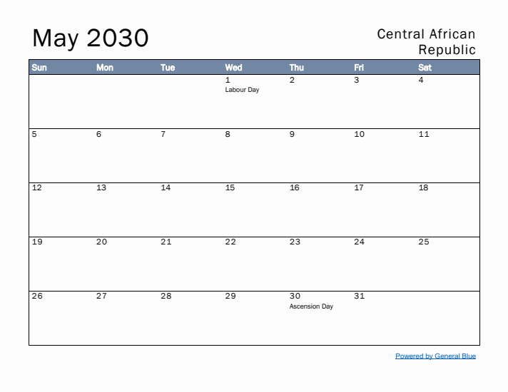 May 2030 Simple Monthly Calendar for Central African Republic