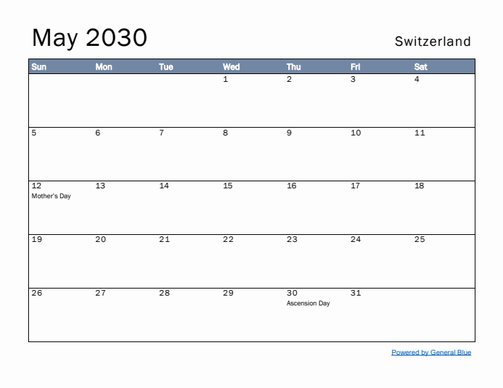 May 2030 Simple Monthly Calendar for Switzerland