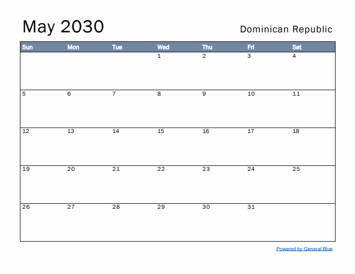 May 2030 Simple Monthly Calendar for Dominican Republic