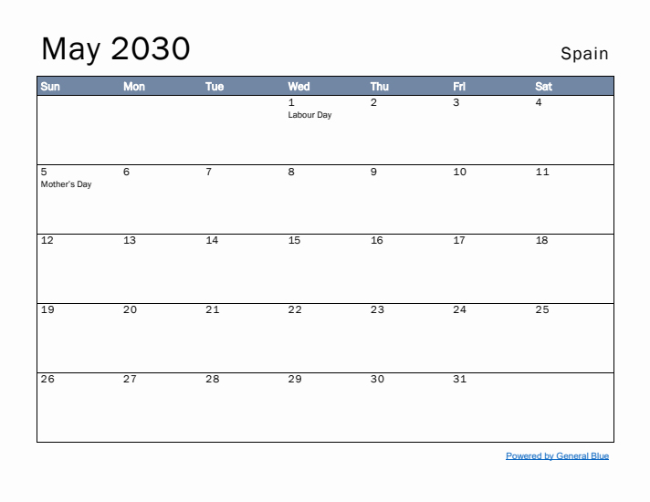 May 2030 Simple Monthly Calendar for Spain