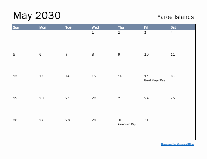 May 2030 Simple Monthly Calendar for Faroe Islands