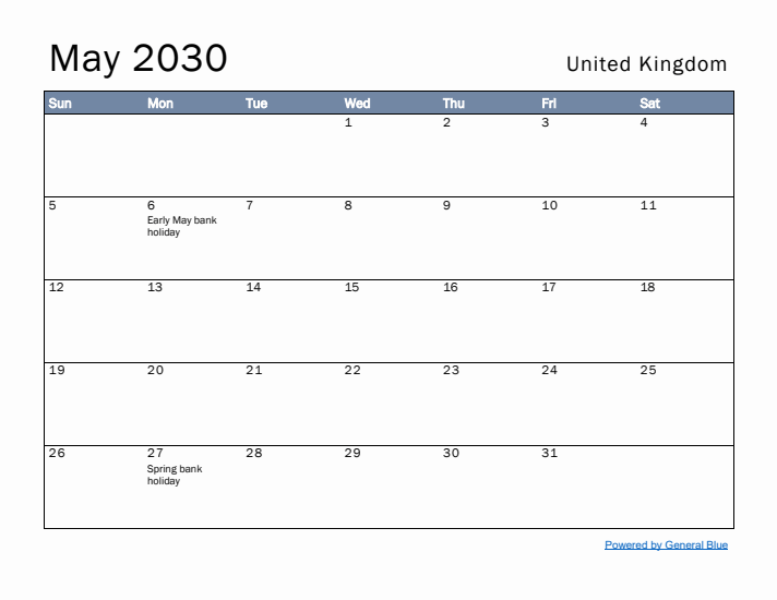 May 2030 Simple Monthly Calendar for United Kingdom