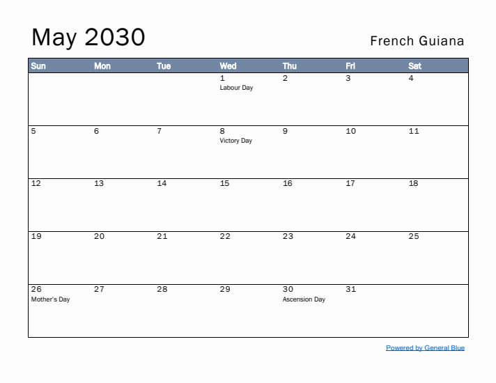 May 2030 Simple Monthly Calendar for French Guiana