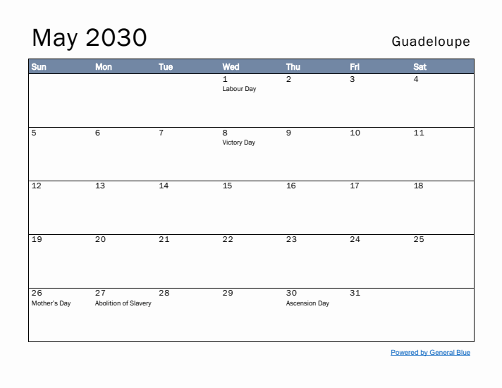 May 2030 Simple Monthly Calendar for Guadeloupe