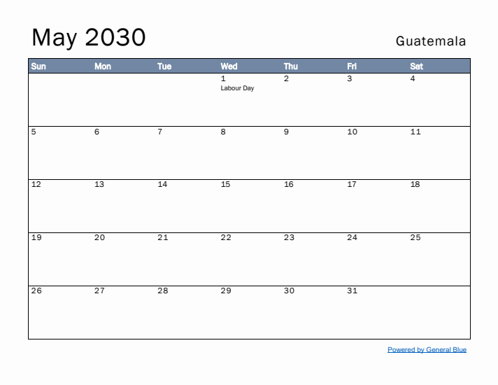 May 2030 Simple Monthly Calendar for Guatemala