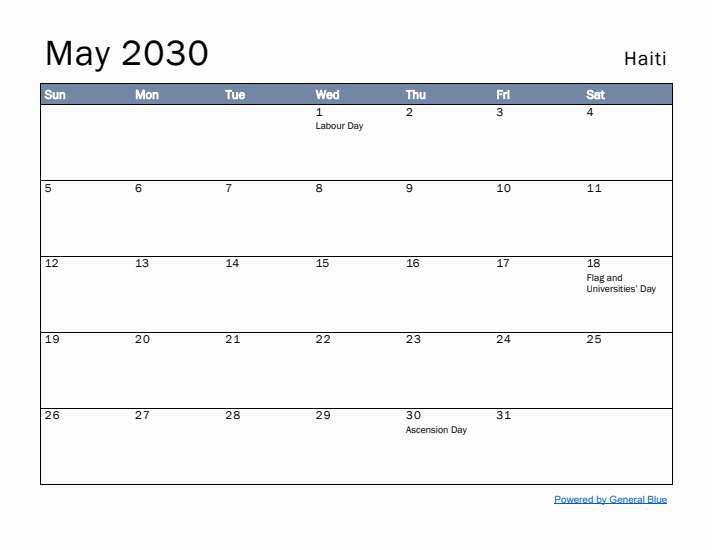 May 2030 Simple Monthly Calendar for Haiti