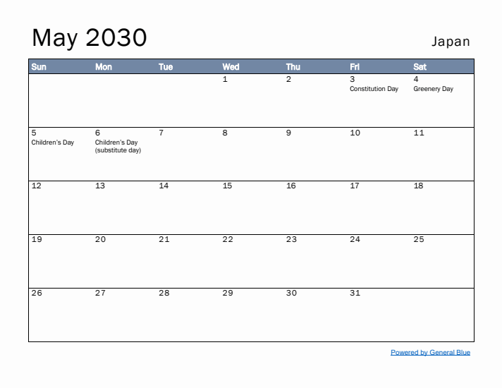 May 2030 Simple Monthly Calendar for Japan