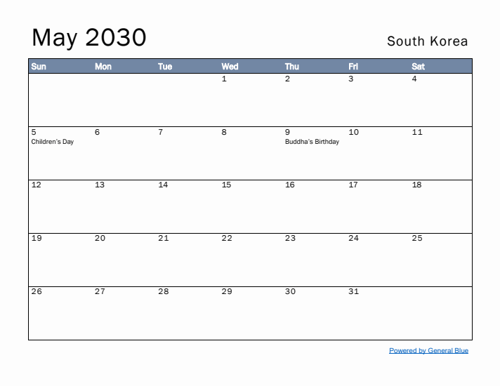 May 2030 Simple Monthly Calendar for South Korea