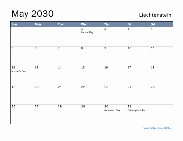 May 2030 Simple Monthly Calendar for Liechtenstein