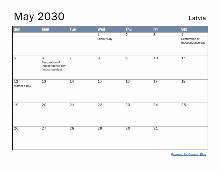 May 2030 Simple Monthly Calendar for Latvia