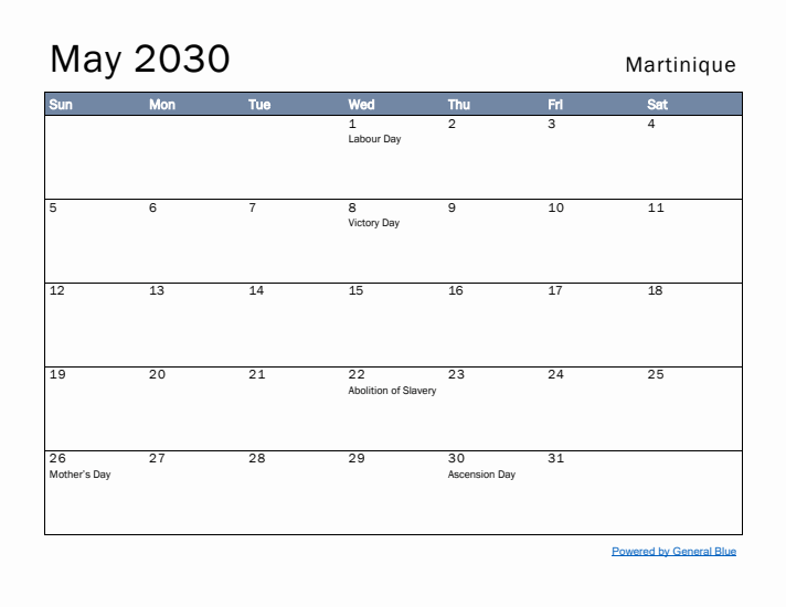 May 2030 Simple Monthly Calendar for Martinique