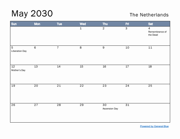 May 2030 Simple Monthly Calendar for The Netherlands