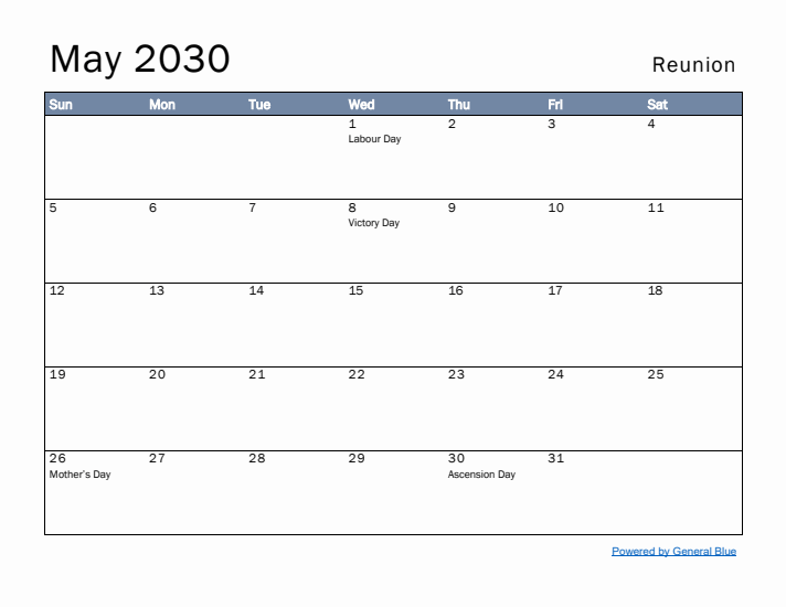 May 2030 Simple Monthly Calendar for Reunion