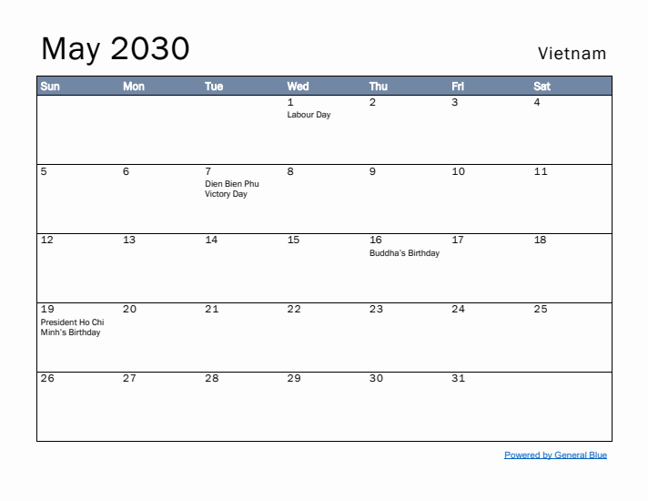 May 2030 Simple Monthly Calendar for Vietnam