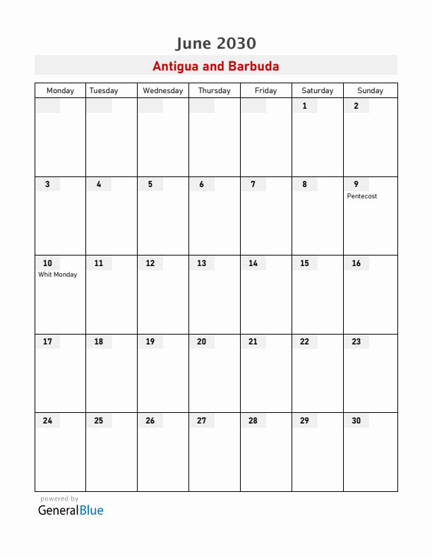 Antigua and Barbuda June 2030 Calendar with Holidays