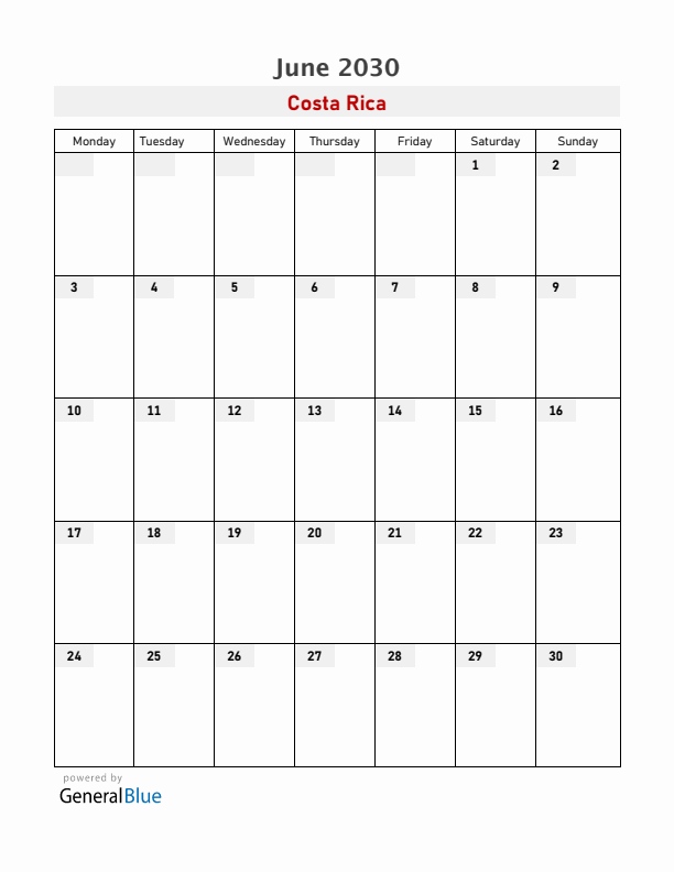 Costa Rica June 2030 Calendar with Holidays
