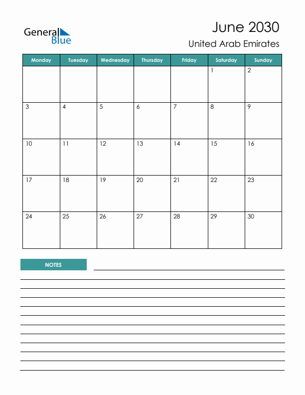 Calendar with Notes Printable - Monday Start