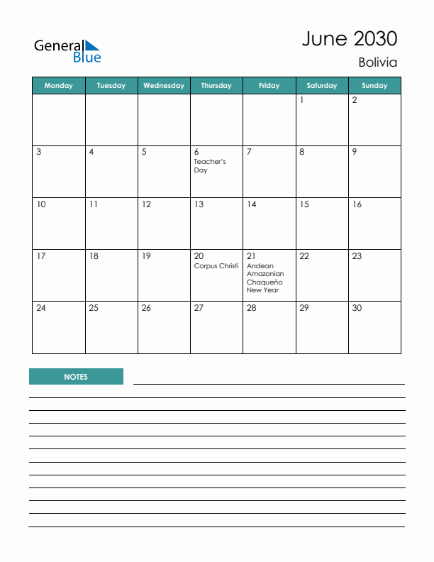 Calendar with Notes Printable - Monday Start