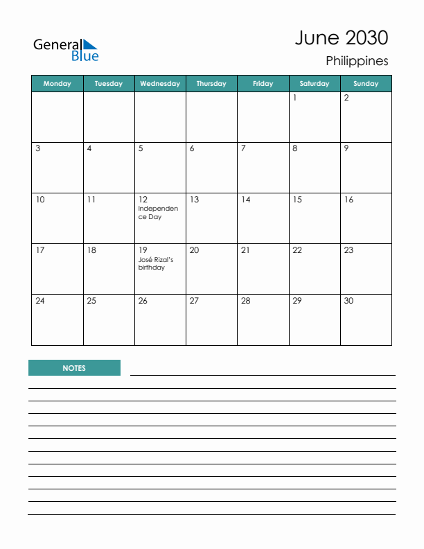 Calendar with Notes Printable - Monday Start