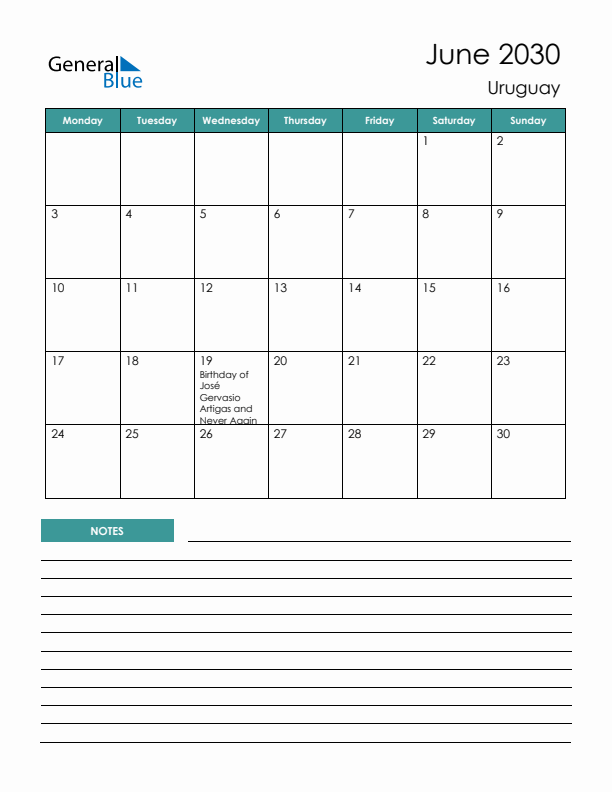 Calendar with Notes Printable - Monday Start