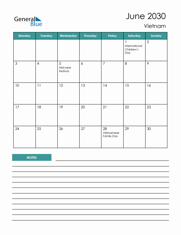 Calendar with Notes Printable - Monday Start