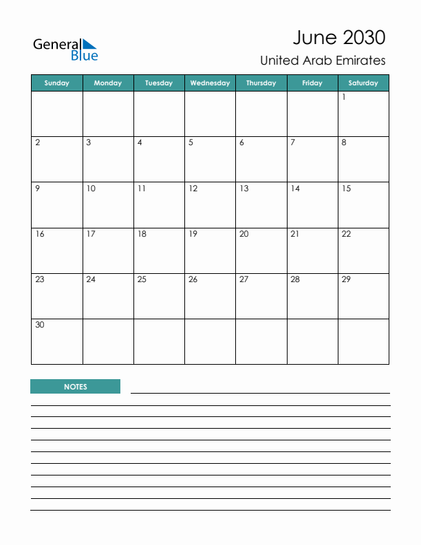 Calendar with Notes Printable - Sunday Start