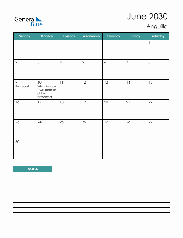 Calendar with Notes Printable - Sunday Start