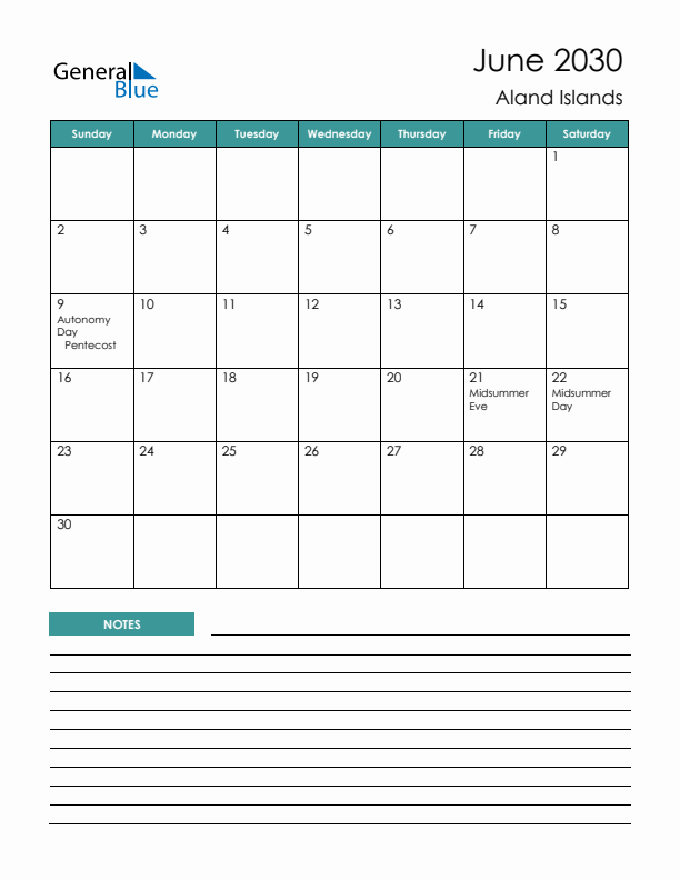 Calendar with Notes Printable - Sunday Start