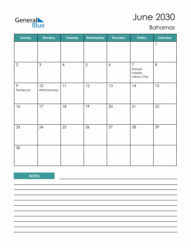 Calendar with Notes Printable - Sunday Start