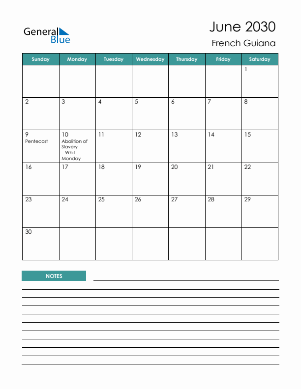 Calendar with Notes Printable - Sunday Start