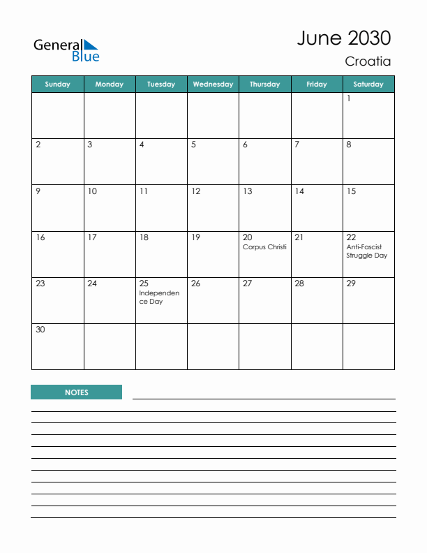 Calendar with Notes Printable - Sunday Start