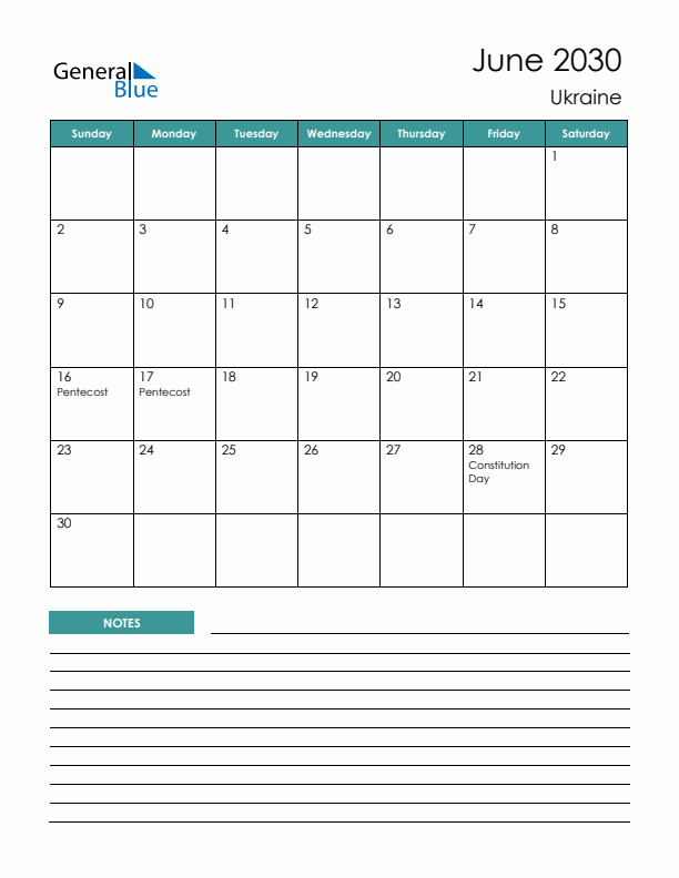 Calendar with Notes Printable - Sunday Start