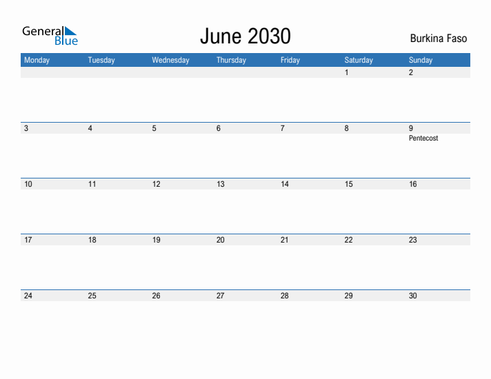 Fillable June 2030 Calendar