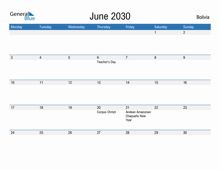 Fillable June 2030 Calendar