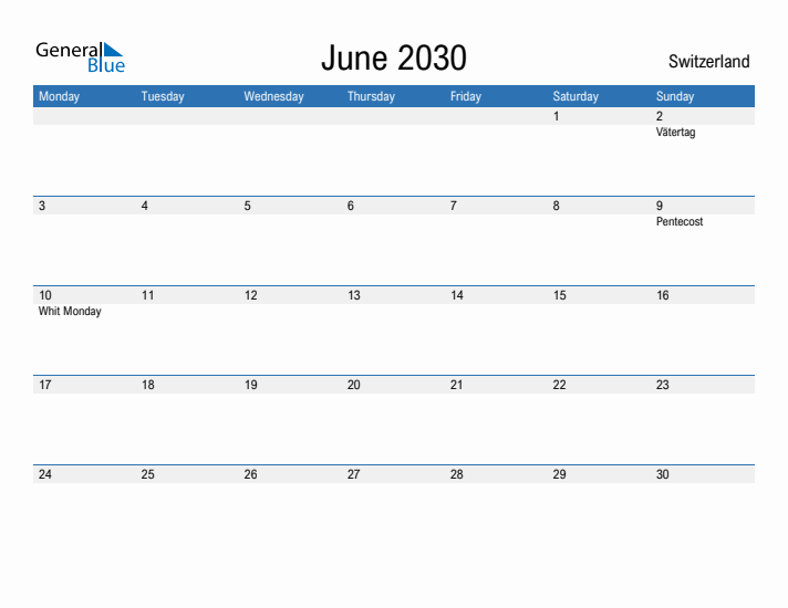 Fillable June 2030 Calendar