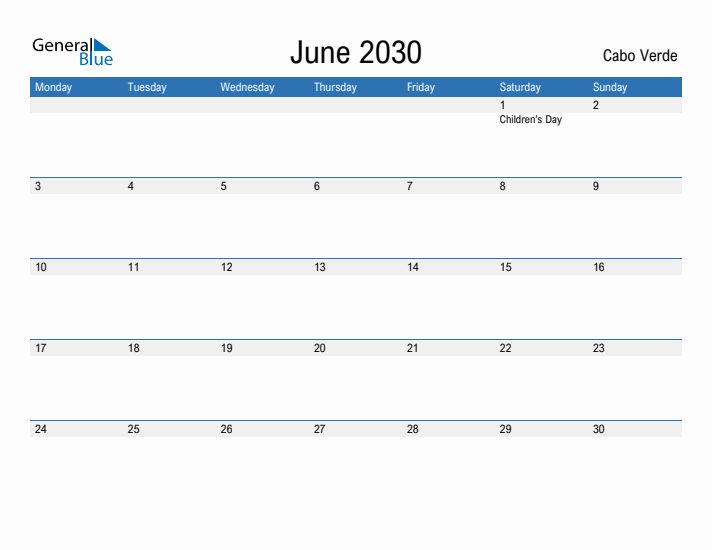 Fillable June 2030 Calendar