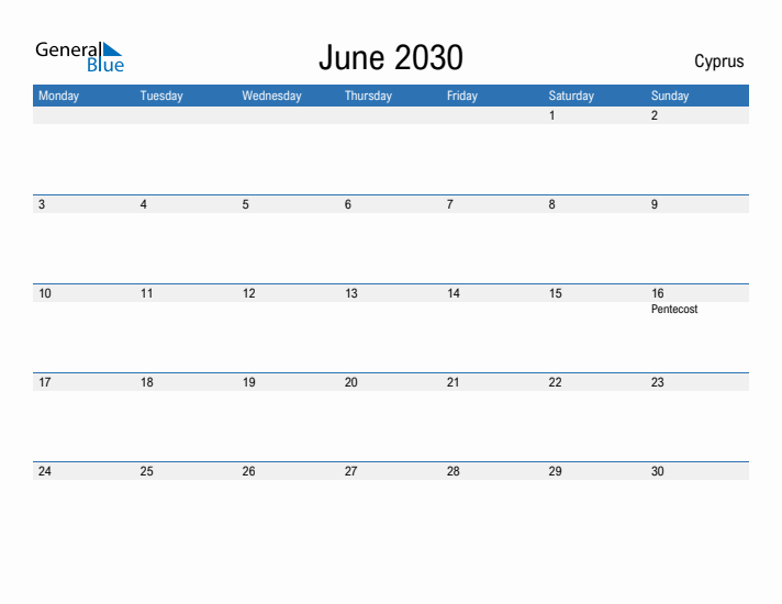 Fillable June 2030 Calendar