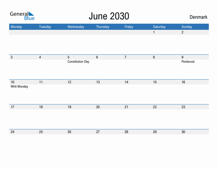 Fillable June 2030 Calendar