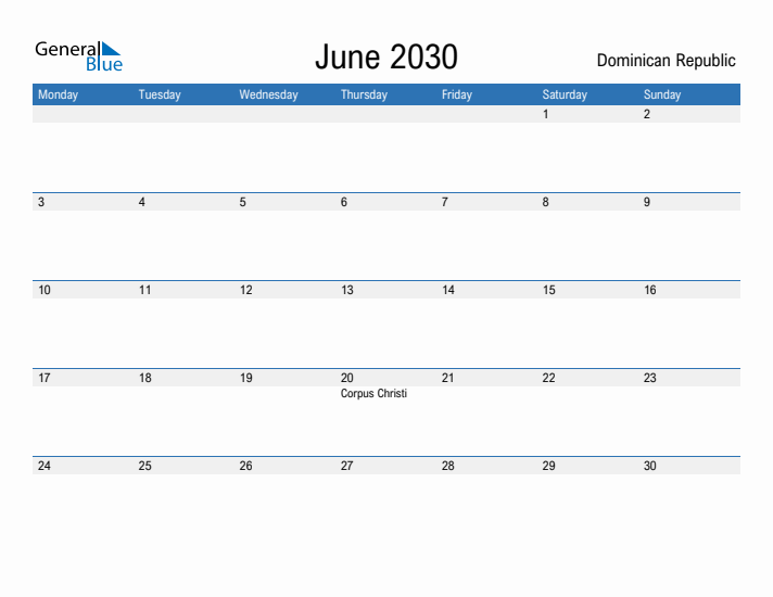 Fillable June 2030 Calendar