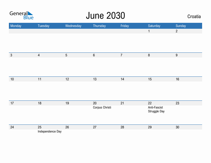 Fillable June 2030 Calendar