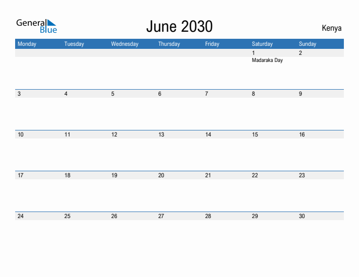 Fillable June 2030 Calendar