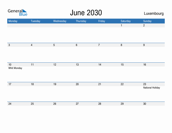 Fillable June 2030 Calendar