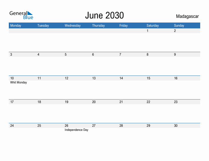 Fillable June 2030 Calendar