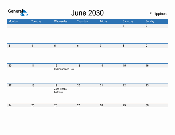 Fillable June 2030 Calendar