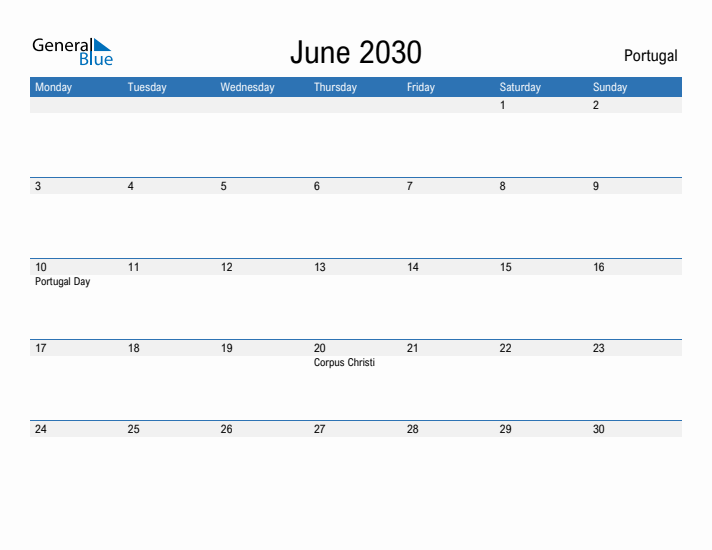 Fillable June 2030 Calendar