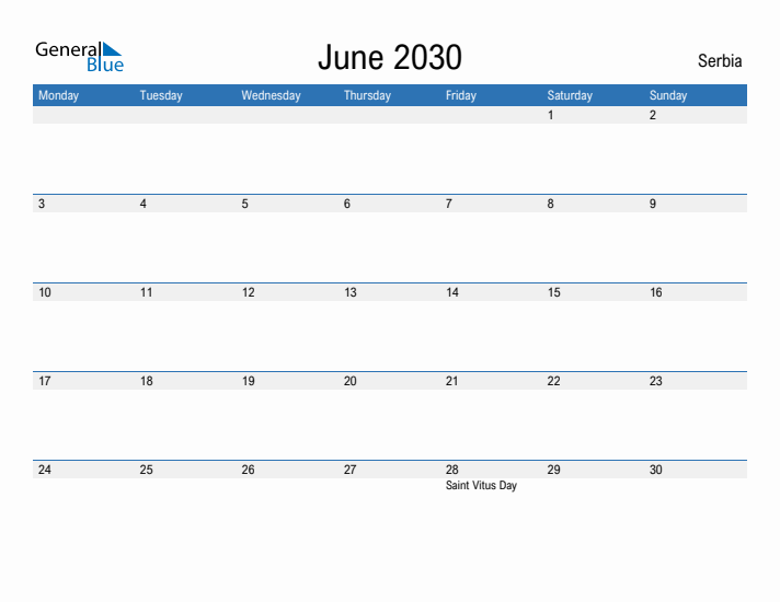 Fillable June 2030 Calendar