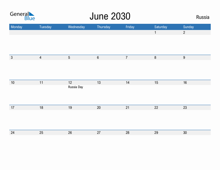 Fillable June 2030 Calendar