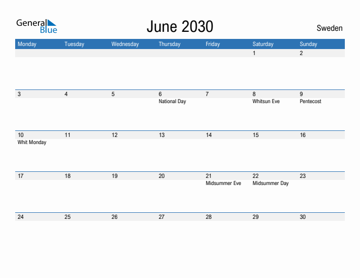 Fillable June 2030 Calendar