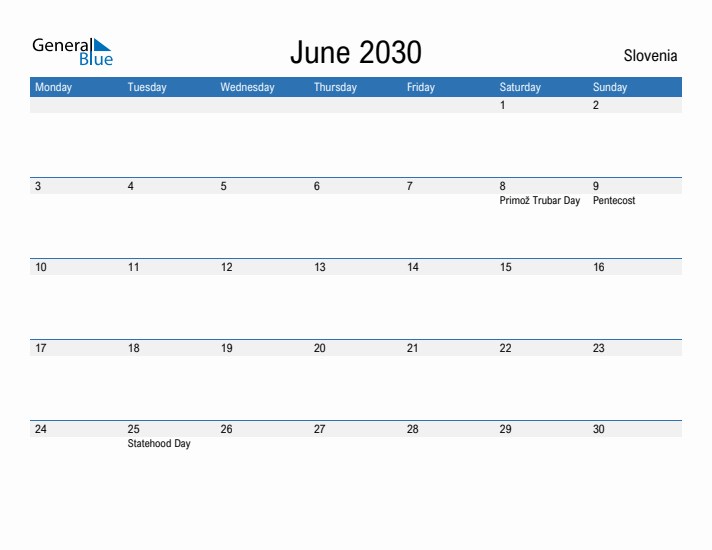 Fillable June 2030 Calendar