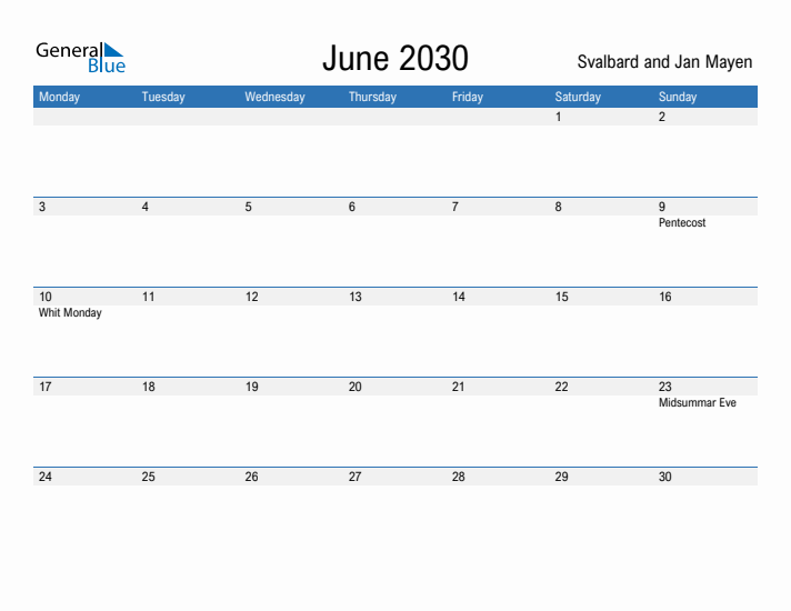 Fillable June 2030 Calendar